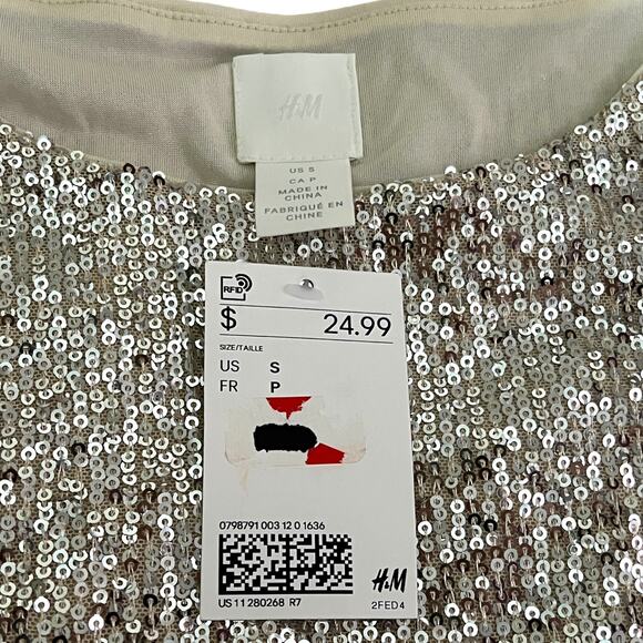 H&M SMALL Sparkly Straight Cut Sequined Mesh Short Sleeve Top Blouse Tee - Picture 7 of 13